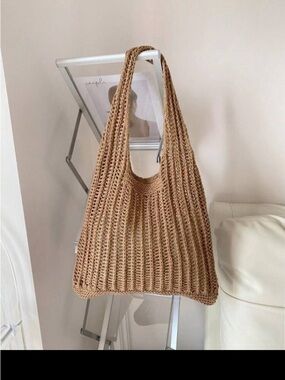SHEIN Crochet Knit Tote Bag in Camel Brown